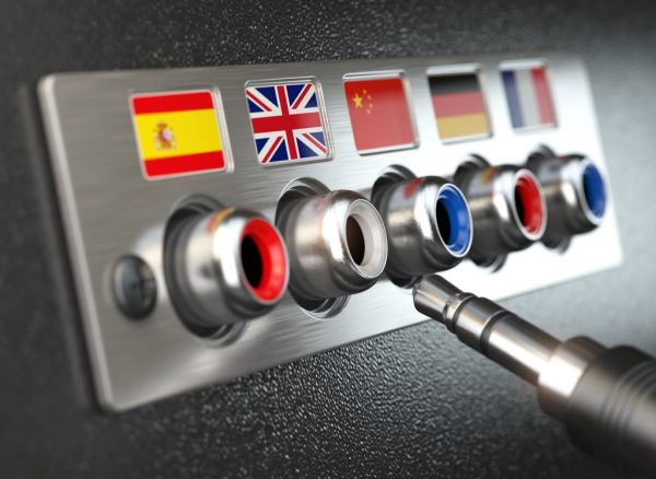 Select language. Learning, translate languages or audio guide concept. Audio  input output control panel with flags and plug.  3d illustration